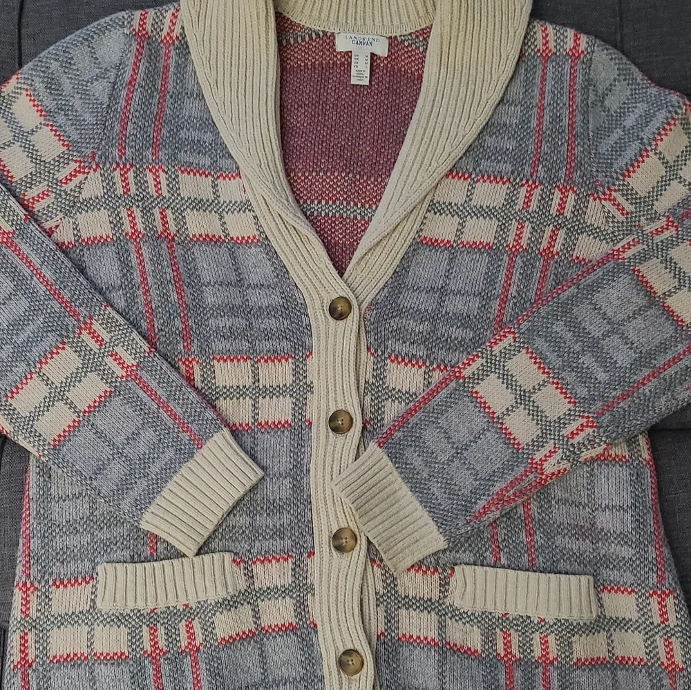 Lands End canvas 1963Vl vtg PLAID CARDIGAN SWEATER SIZE M cotton wool blend euc - Picture 8 of 15
